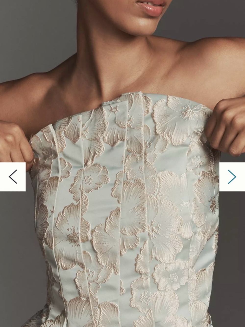 Porridge- Strapless Pale Sage Floral Jacquard Peplum Top - Size Small - Picture 3 of 8